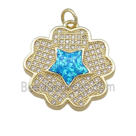 Copper Flower Pendant Pave Blue Fire Opal Zircon Star 18K Gold Plated