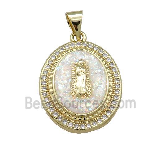 Jesus Charms Copper Oval Pendant Pave White Fire Opal Zircon Medal 18K Gold Plated