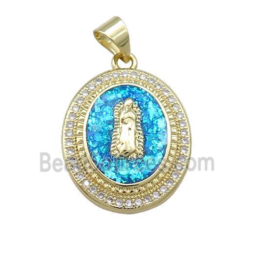 Jesus Charms Copper Oval Pendant Pave Blue Fire Opal Zircon Medal 18K Gold Plated