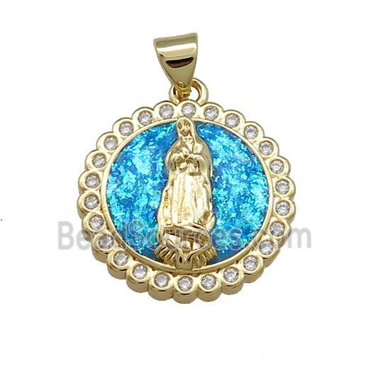 Virgin Mary Charms Copper Circle Pendant Pave Blue Fire Opal Zircon Medal 18K Gold Plated