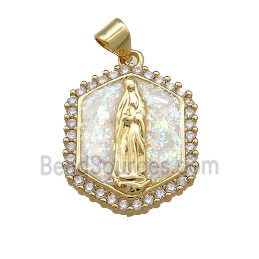 Virgin Mary Charms Copper Hexagon Pendant Pave White Fire Opal Zircon 18K Gold Plated