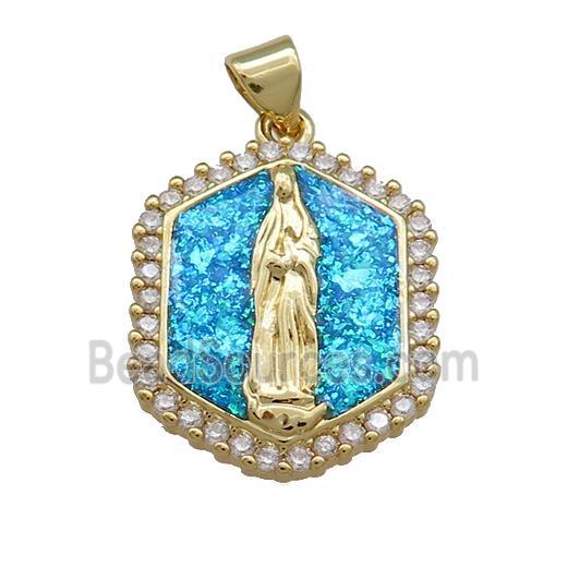 Virgin Mary Charms Copper Hexagon Pendant Pave Blue Fire Opal Zircon 18K Gold Plated