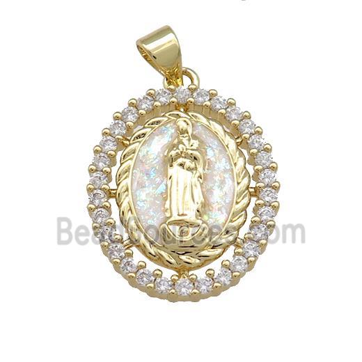 Virgin Mary Charms Copper Oval Pendant Pave White Fire Opal Zircon 18K Gold Plated