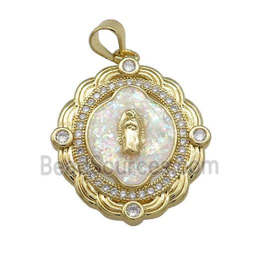 Virgin Mary Charms Copper Oval Pendant Pave White Fire Opal Zircon 18K Gold Plated