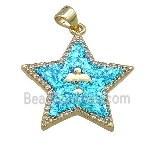 Copper Star Pendant Pave Blue Fire Opal Zircon Angel 18K Gold Plated