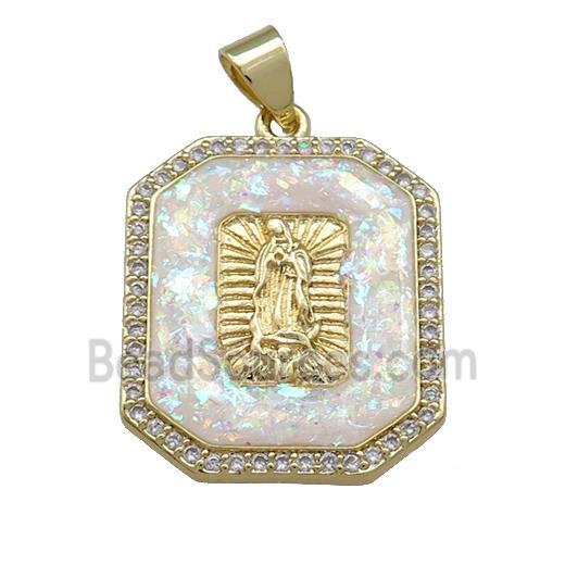 Jesus Charms Copper Rectangle Pendant Pave White Fire Opal Zircon 18K Gold Plated