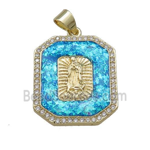 Jesus Charms Copper Rectangle Pendant Pave Blue Fire Opal Zircon 18K Gold Plated