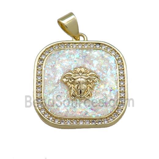 Copper Square Pendant Pave White Fire Opal Zircon 18K Gold Plated