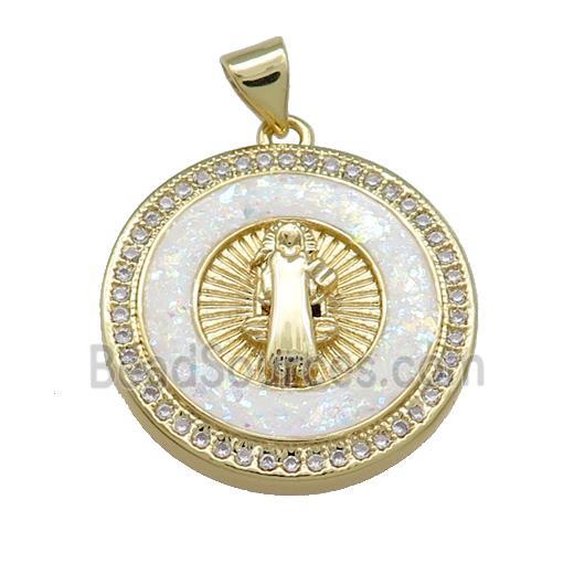 Jesus Charms Copper Circle Pendant Pave White Fire Opal Zircon 18K Gold Plated