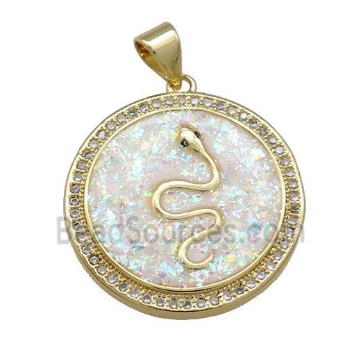 Snake Charms Copper Circle Pendant Pave White Fire Opal Zircon 18K Gold Plated