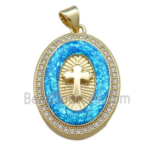 Copper Oval Pendant Pave Blue Fire Opal Zircon Cross Medal Charms 18K Gold Plated