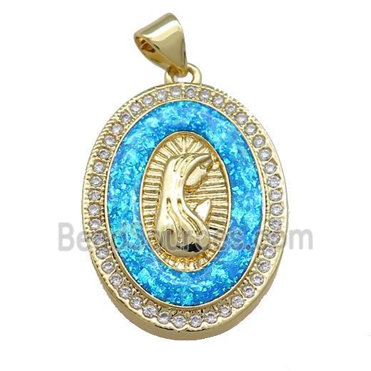 Copper Oval Pendant Pave White Fire Opal Zircon Virgin Mary Medal Prayer Charms 18K Gold Plated