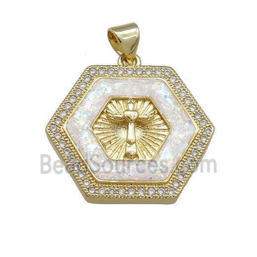 Copper Hexagon Pendant Pave White Fire Opal Zircon Cross Prayer 18K Gold Plated