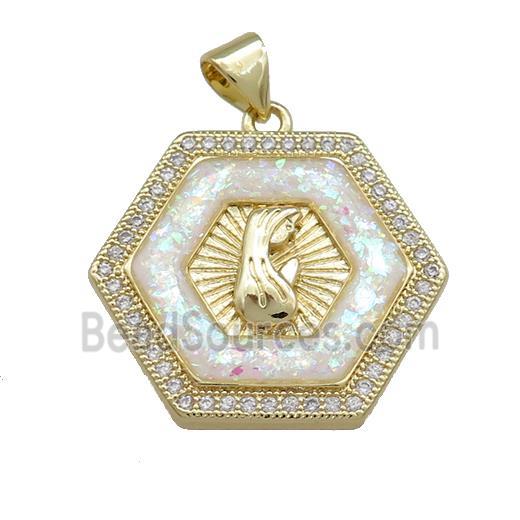 Copper Hexagon Pendant Pave White Fire Opal Zircon Virgin Mary Prayer 18K Gold Plated