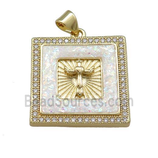 Copper Square Pendant Pave White Fire Opal Zircon Cross 18K Gold Plated