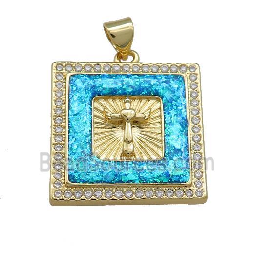 Copper Square Pendant Pave Blue Fire Opal Zircon Cross 18K Gold Plated