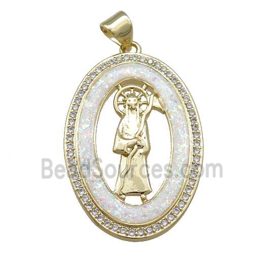 Saint Jude Charms Copper Oval Pendant Pave White Fire Opal Zircon 18K Gold Plated