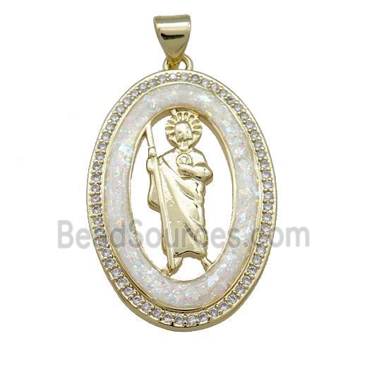 Saint Jude Charms Copper Oval Pendant Pave White Fire Opal Zircon 18K Gold Plated