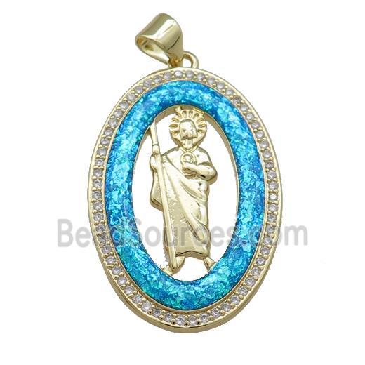 Saint Jude Charms Copper Oval Pendant Pave Blue Fire Opal Zircon 18K Gold Plated