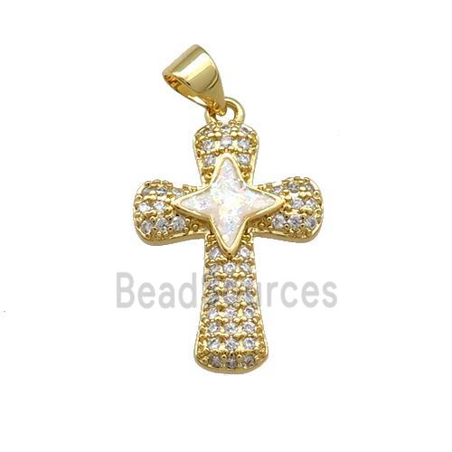 Copper Cross Pendant Pave White Fire Opal Zircon 18K Gold Plated