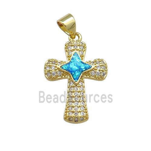 Copper Cross Pendant Pave Blue Fire Opal Zircon 18K Gold Plated