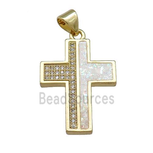 Copper Cross Pendant Pave White Fire Opal Zircon 18K Gold Plated