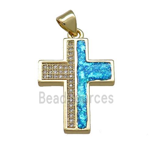 Copper Cross Pendant Pave Blue Fire Opal Zircon 18K Gold Plated