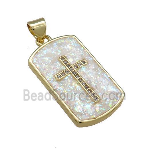 Copper Rectangle Pendant Pave White Fire Opal Zircon Cross 18K Gold Plated