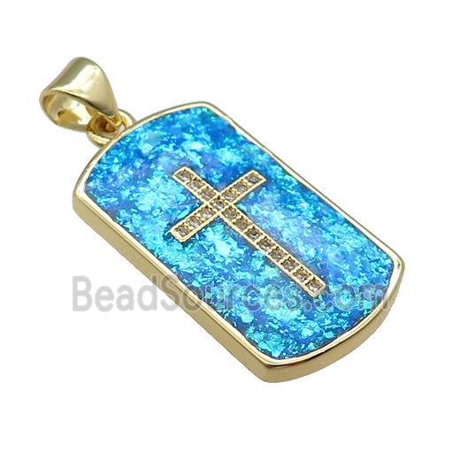 Copper Rectangle Pendant Pave Blue Fire Opal Zircon Cross 18K Gold Plated