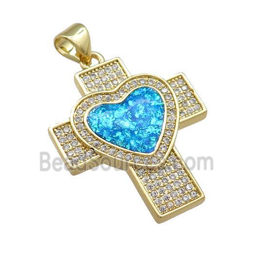 Copper Cross Pendant Pave Blue Fire Opal Zircon Heart 18K Gold Plated