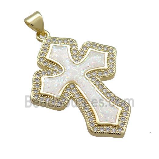 Copper Cross Pendant Pave White Fire Opal Zircon 18K Gold Plated