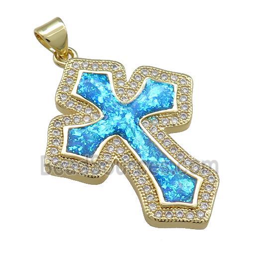 Copper Cross Pendant Pave Blue Fire Opal Zircon 18K Gold Plated