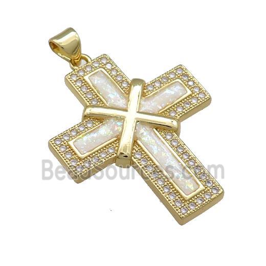 Copper Cross Pendant Pave White Fire Opal Zircon 18K Gold Plated