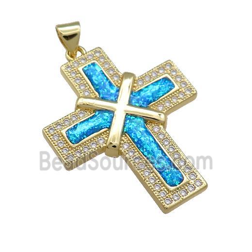 Copper Cross Pendant Pave Blue Fire Opal Zircon 18K Gold Plated