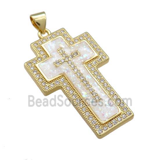 Copper Cross Pendant Pave White Fire Opal Zircon 18K Gold Plated