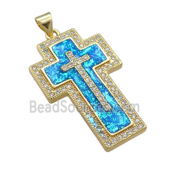 Copper Cross Pendant Pave Blue Fire Opal Zircon 18K Gold Plated