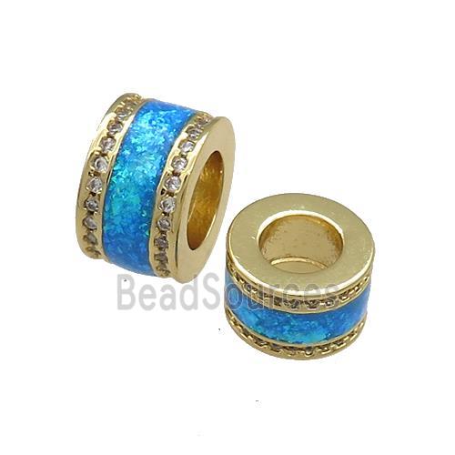 Copper Tube Beads Pave White Blue Opal Large Hole 18K Gold Plated