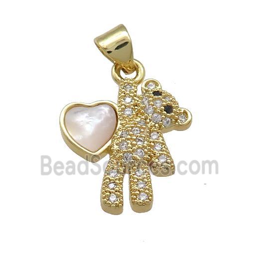 Copper Bear Pendant Pave Shell Heart Zircon 18K Gold Plated