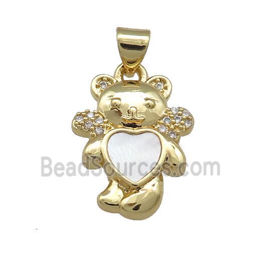 Copper Bear Pendant Pave Shell Heart Zircon 18K Gold Plated