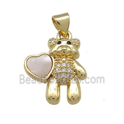 Copper Bear Pendant Pave Shell Heart Zircon 18K Gold Plated