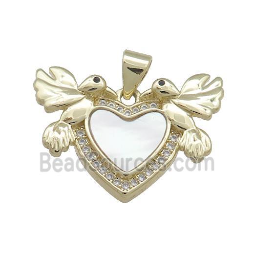 Copper Heart Pendant Pave Shell Zircon Double Birds 18K Gold Plated