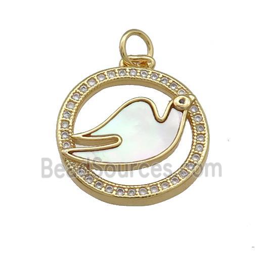 Copper Doves Birds Pendant Pave Shell Zircon Circle 18K Gold Plated