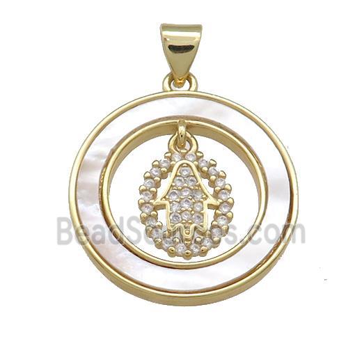 Copper Hamsahand Pendant Pave Shell Zircon Circle 18K Gold Plated