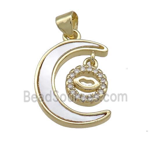 Copper Moon Pendant Pave Shell Zircon Lips 18K Gold Plated