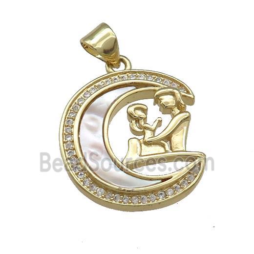 Copper Moon Pendant Pave Shell Zircon Couple 18K Gold Plated