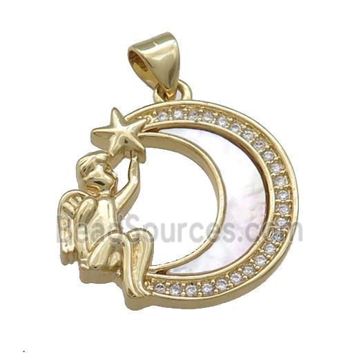 Copper Moon Pendant Pave Shell Zircon Angel 18K Gold Plated