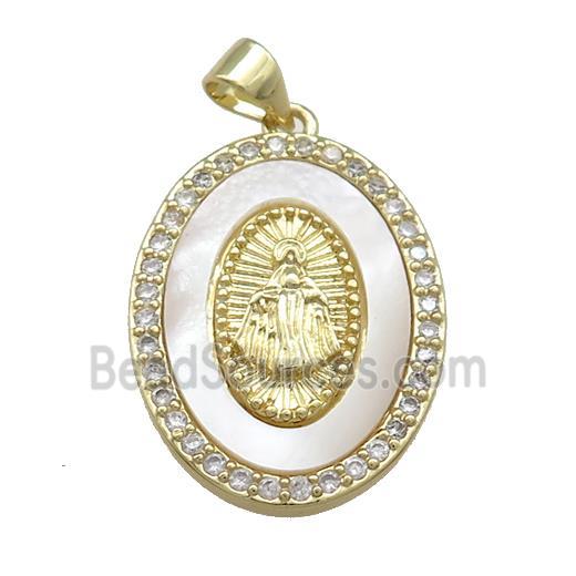 Virgin Mary Copper Oval Pendant Pave Shell Zircon Religious 18K Gold Plated