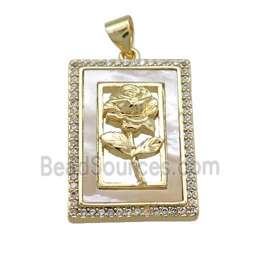 Flower Copper Rectangle Pendant Pave Shell Zircon 18K Gold Plated