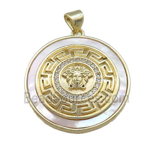 Lion Charms Copper Circle Pendant Pave Shell Zircon Circle 18K Gold Plated