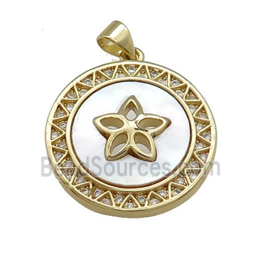 Copper Circle Pendant Pave Shell Zircon Flower 18K Gold Plated